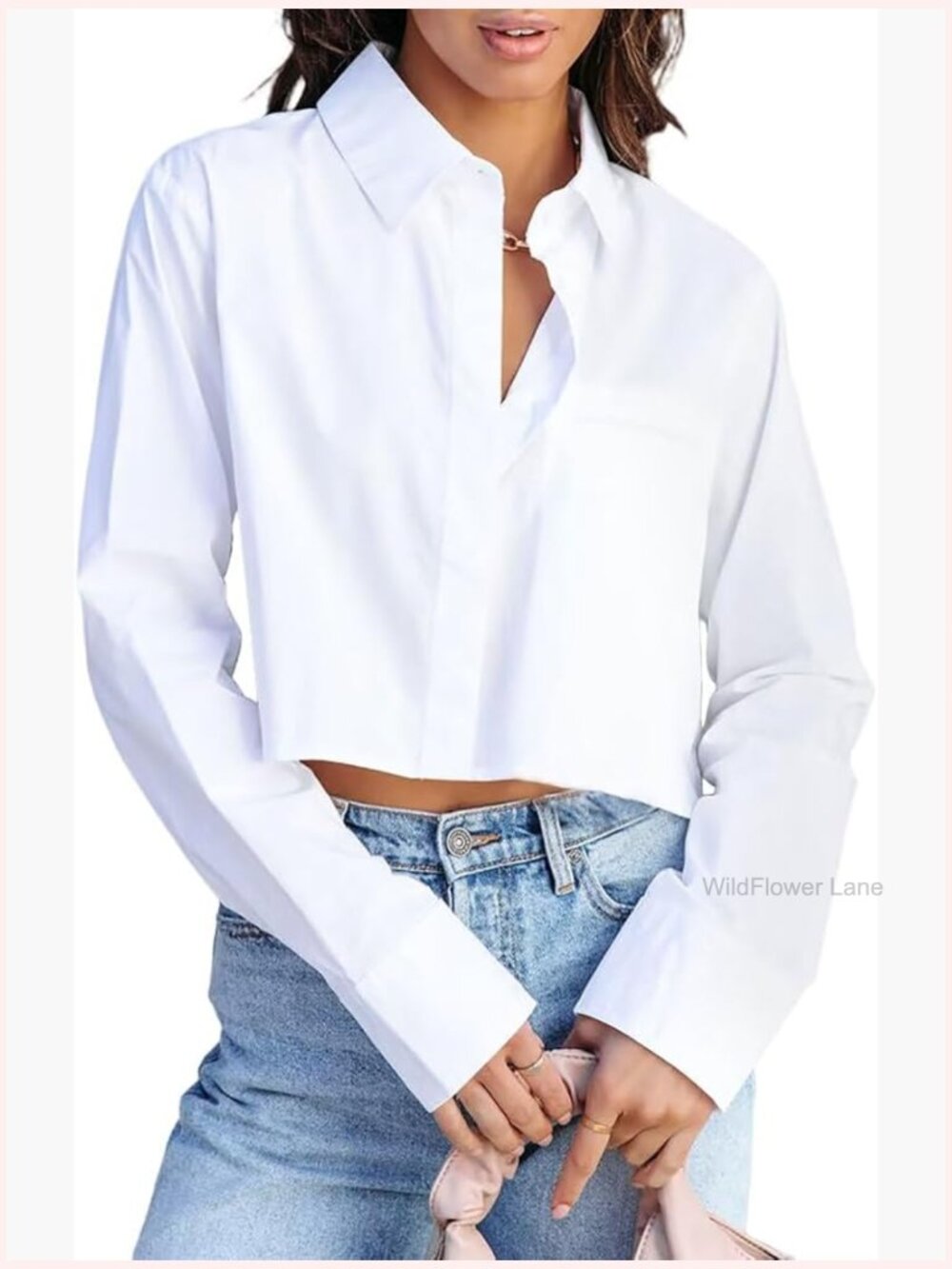 Women Cropped Long Sleeve Button Down Shirt with Pocket - Solid Casual Blouse - Picture 1 of 7